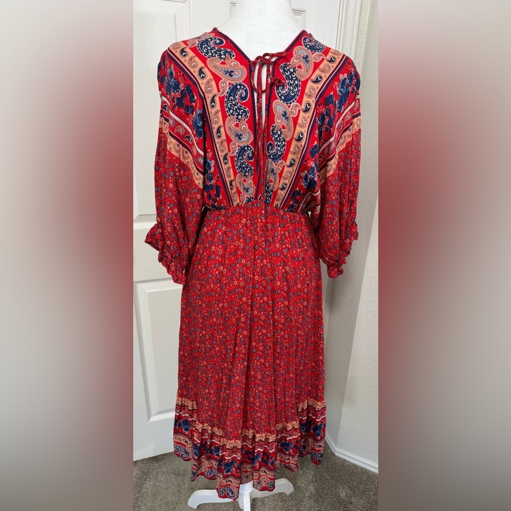 Umgee Red Boho Peasant High Low Back Tie Midi Dress Women's Size S - Picture 4 of 10